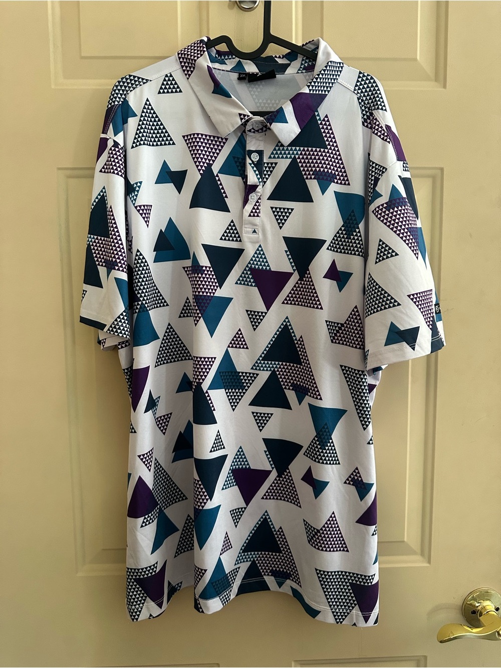 Men's Geometric Print Polo Shirt - White with Teal & Purple